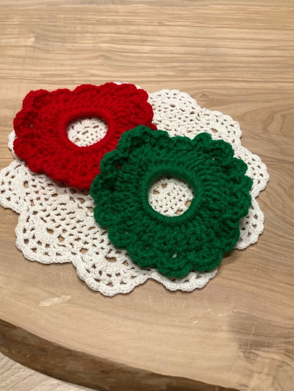Handmade Crochet Ruffle Scrunchie Set Red Green Hair Tie